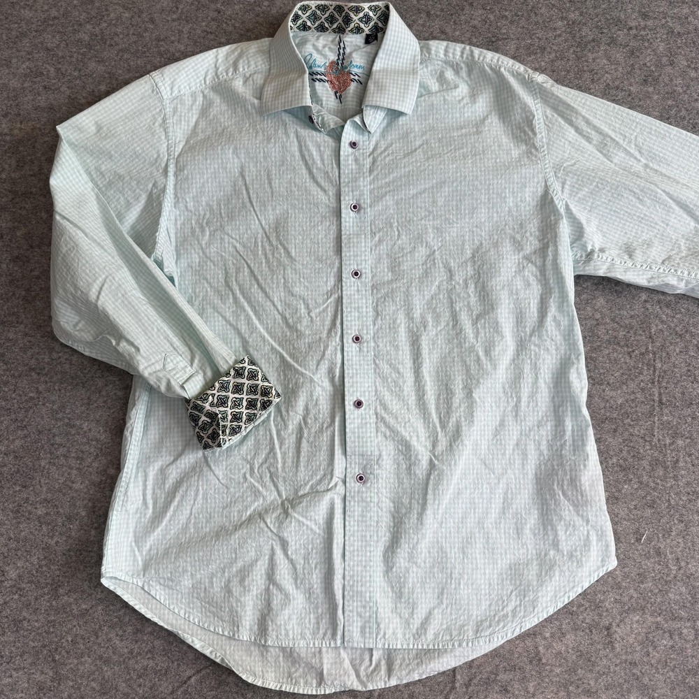 Robert‎ Graham Shirt Mens Large Blue Seersucker Long Sleeve Flip Cuff Trim
